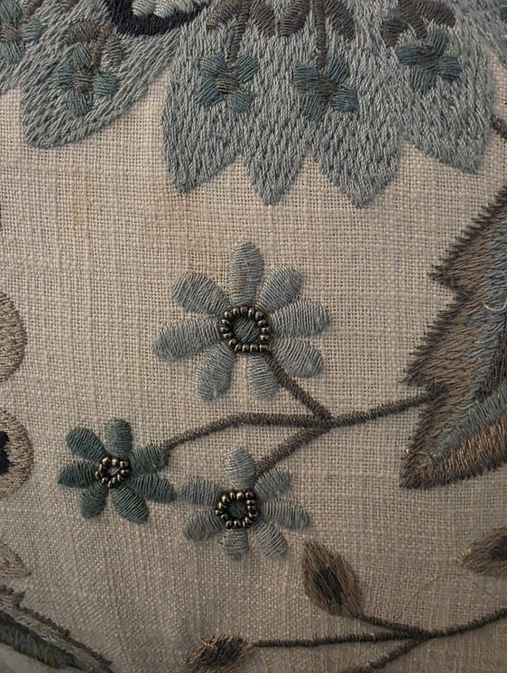Barely Used Beaded Embroidered Floral Accent Pillow in Light Blue and Oatmeal - Picture 6 of 9